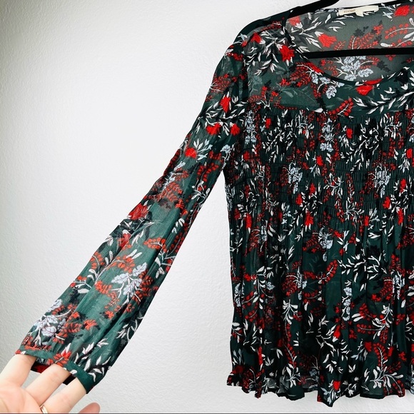 MAJE PARIS Lo Fleur Crepe Georgette Top,
Green Floral Sheer Smocked Blouse, 2 - Picture 3 of 8